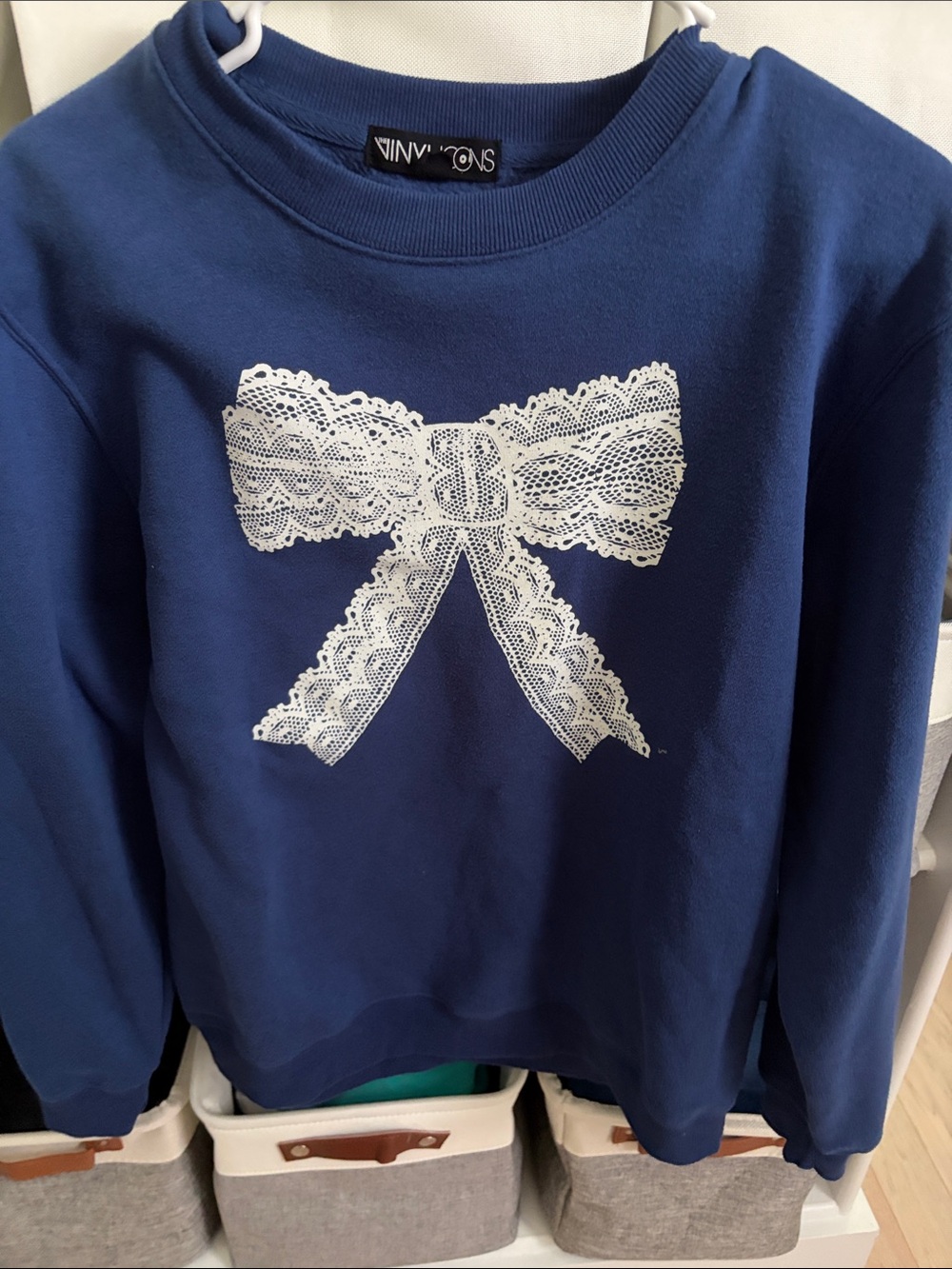 Women's Blue Crewneck Sweatshirt with White Lace Bow